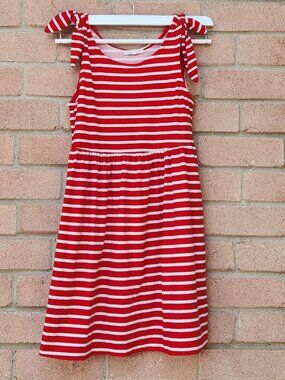 Copper Key Dress Girls Medium Red White Striped Bow Shoulder Pocket Dress